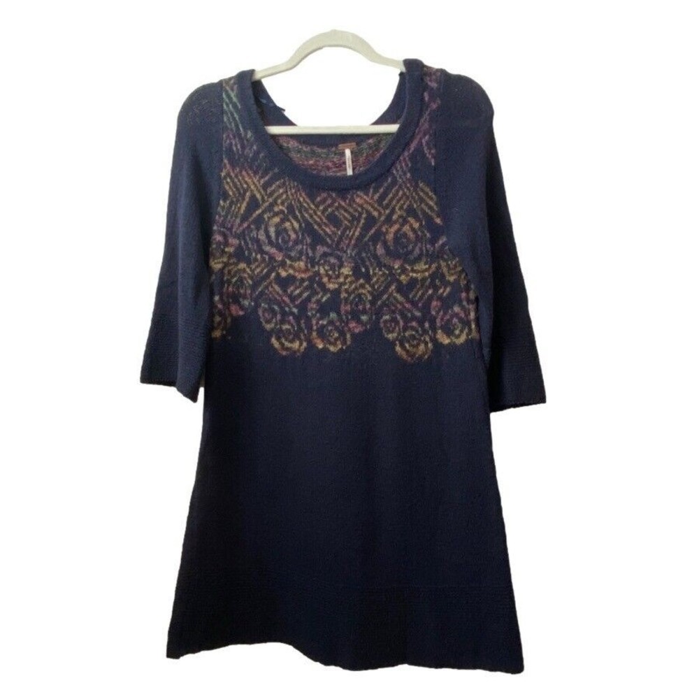FREE PEOPLE Long Sweater Sz XS 3/4 Sleeves Cotton Navy Blue w Multi-color Upper